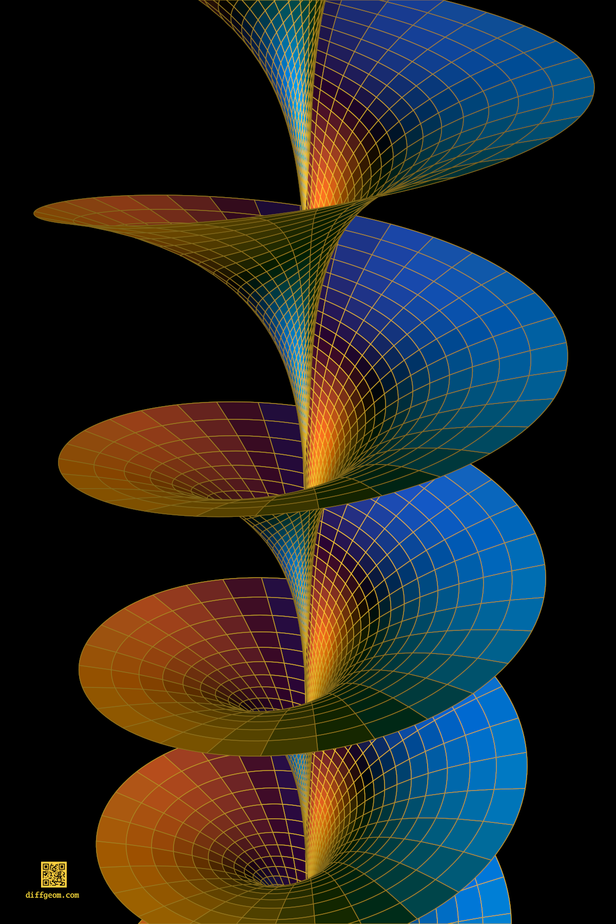 The Riemann surface of logarithm, shaded from gold to blue by domain, against a black background