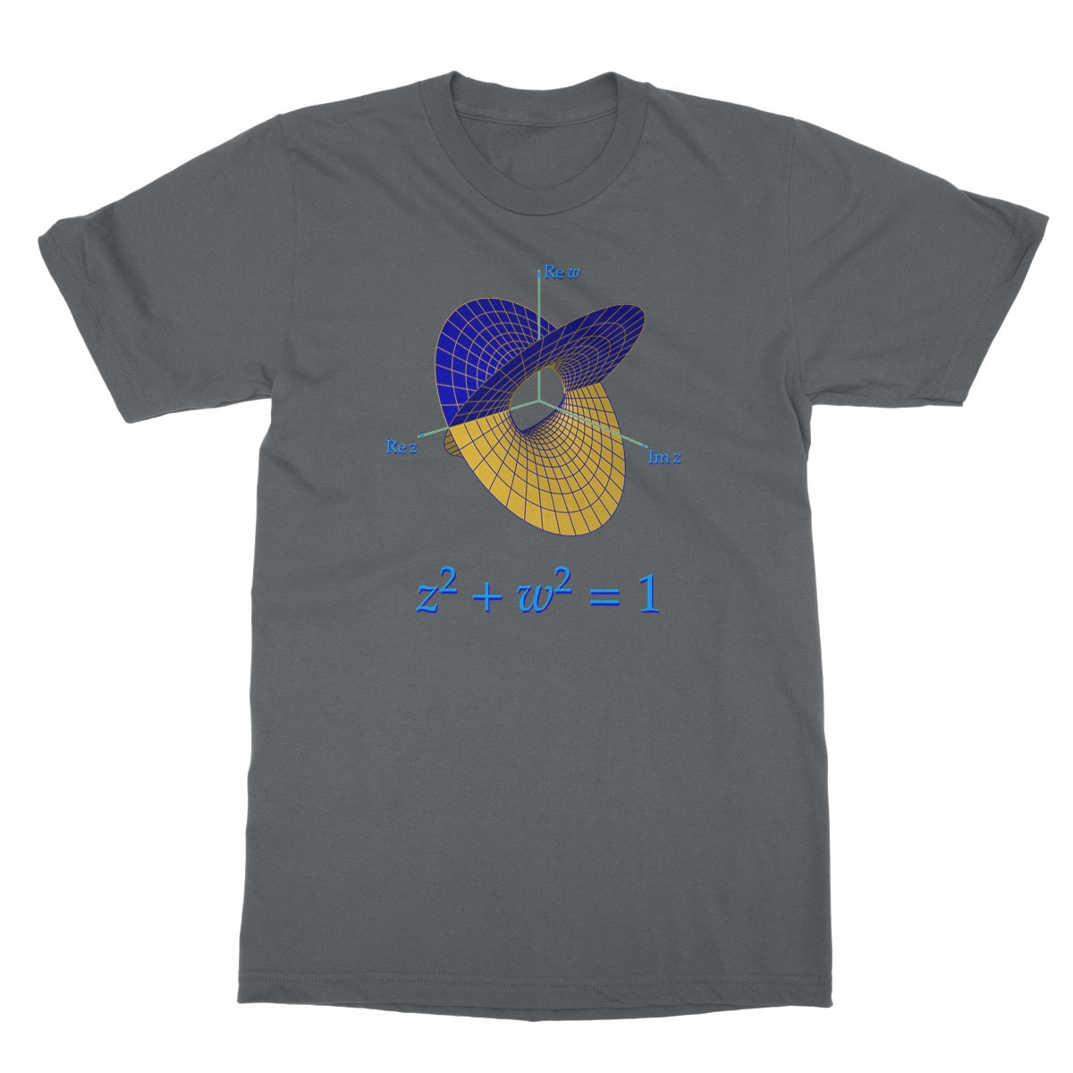 A gray softstyle T-shirt with a blue and gold image of the complex unit circle