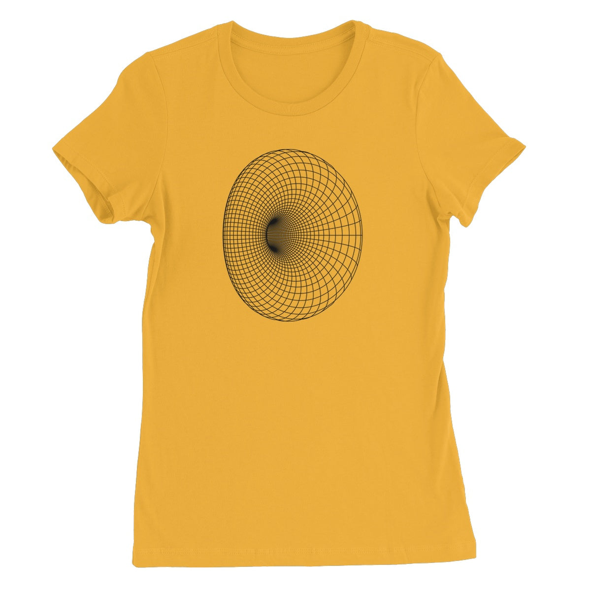 A mustard-colored women's T-shirt with a black toroidal surface mesh