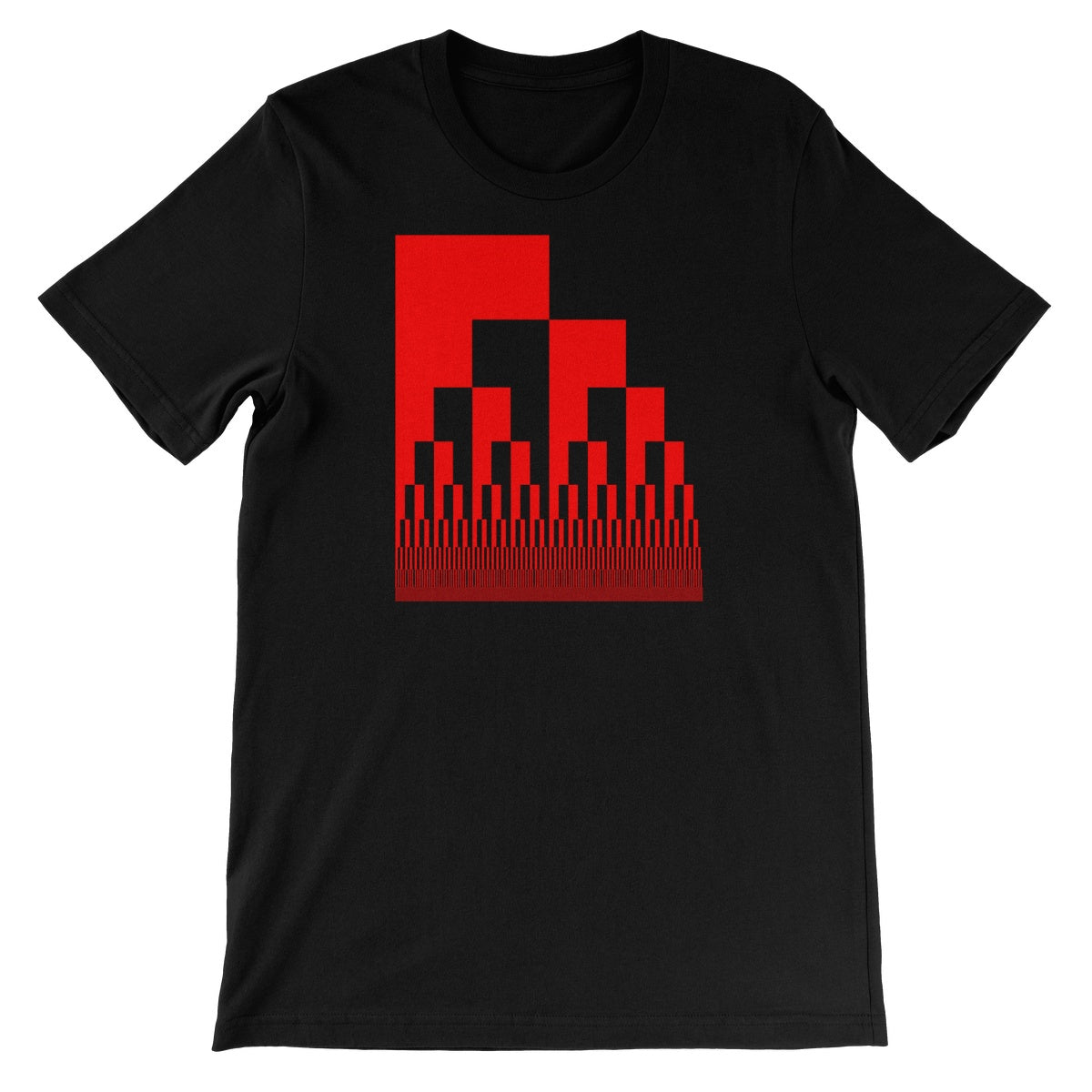 A black unisex T-shirt with a binary-recursive red rectangular design
