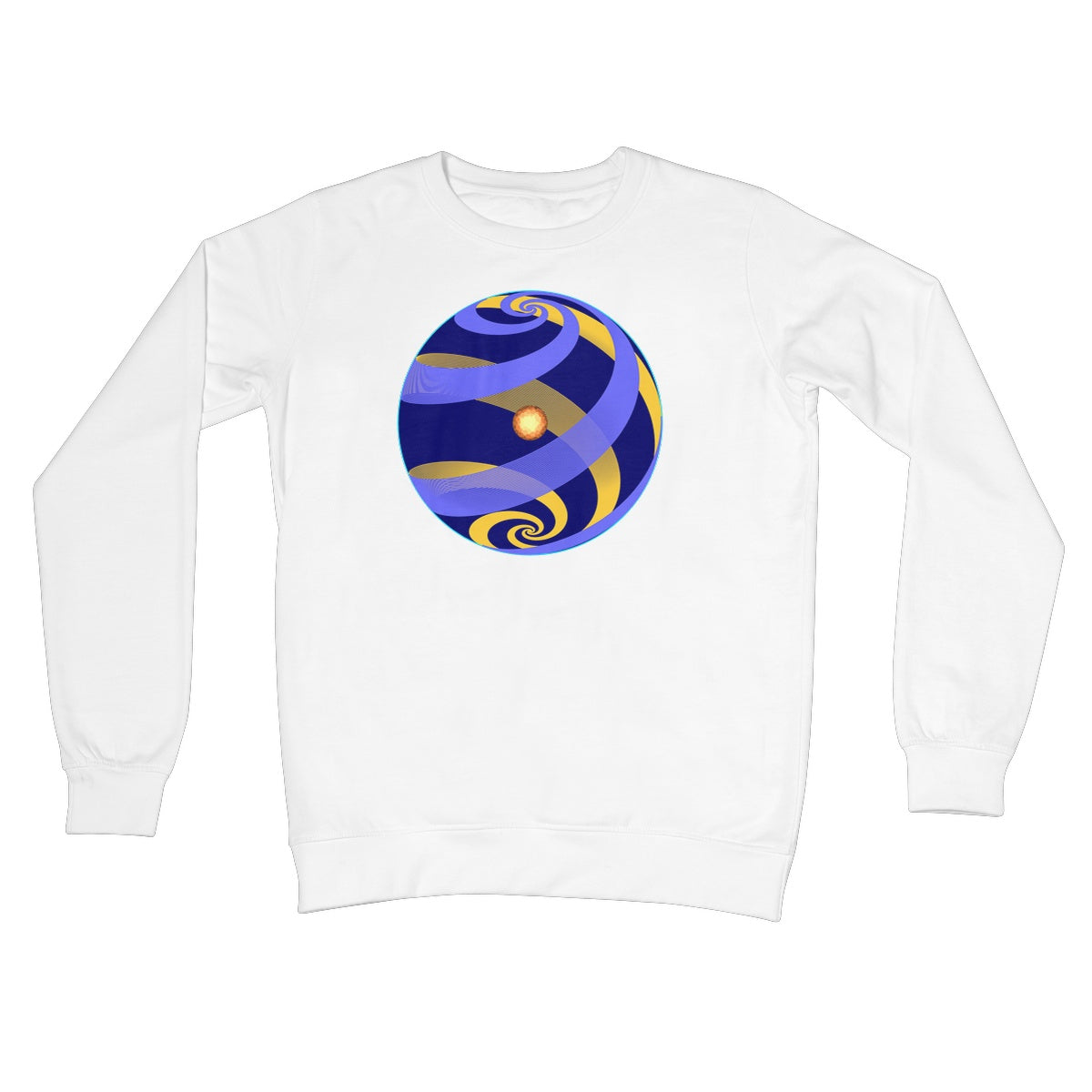A white sweatshirt with a blue and gold spherical spiral pattern
