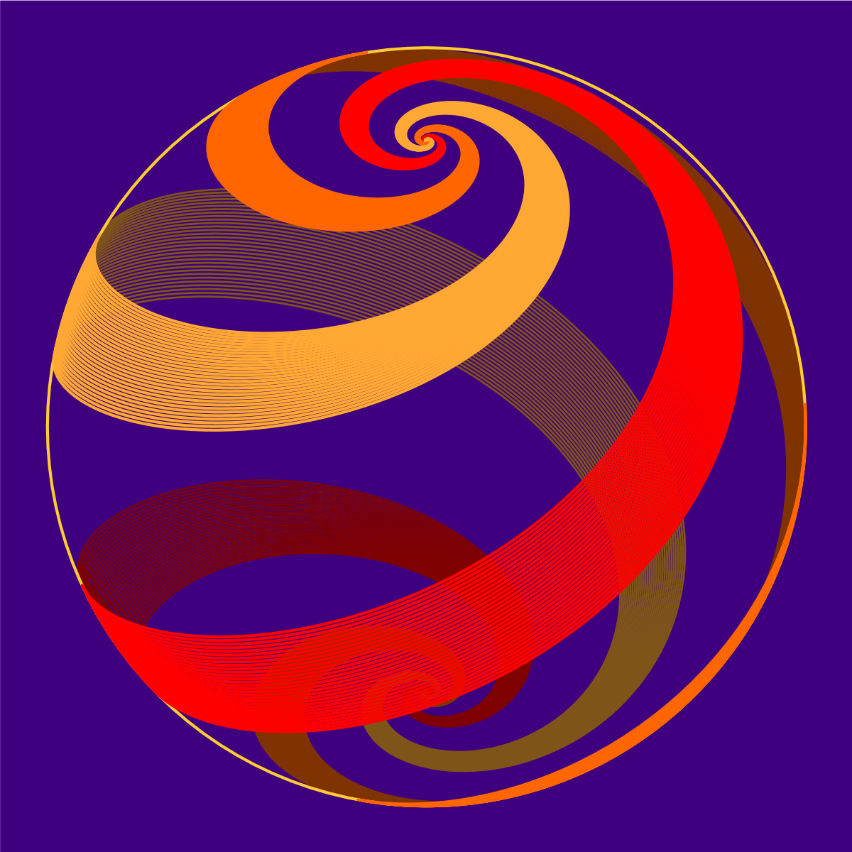 Red, orange, and gold spiral bands on a sphere against a dark purple background.