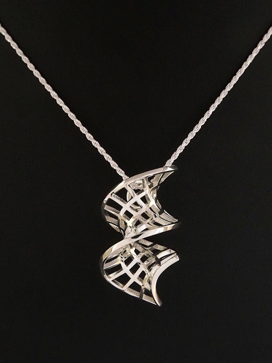A silver catenoid-helicoid pendant on a silver French rope chain.