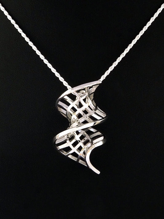 A rhodium-plated brass catenoid-helicoid pendant on a silver French rope chain.